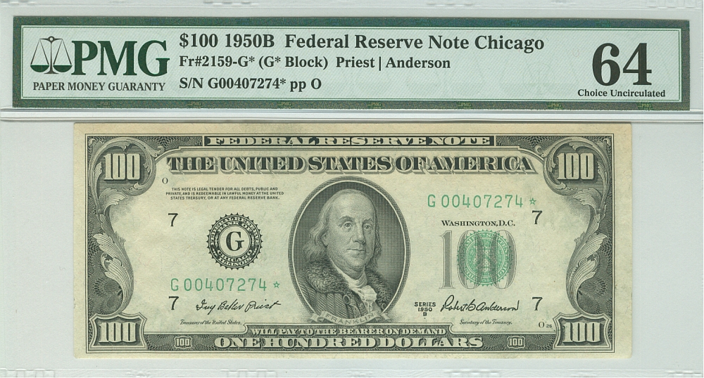 Fr.2159-G*, 1950B $100 FRN, ChCU, PMG-64, G00407274*